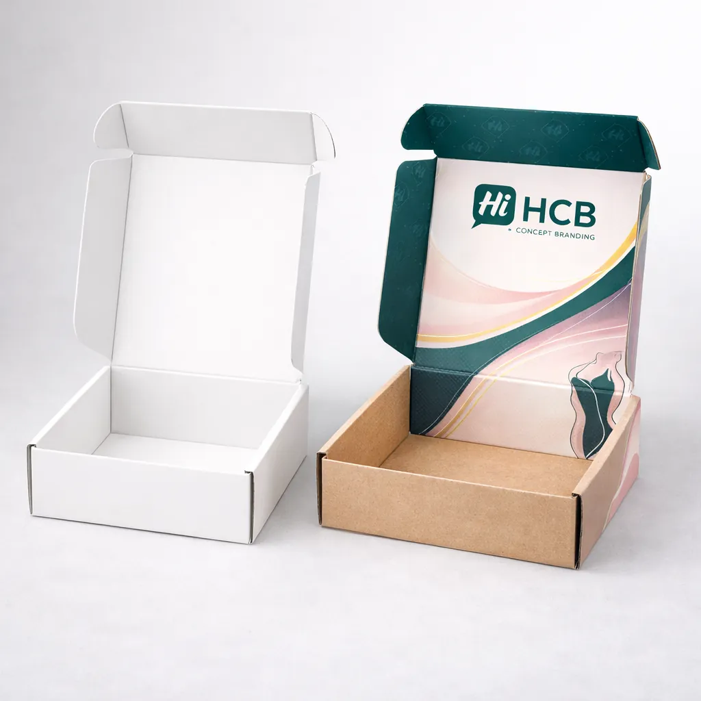 Two open cardboard mailer boxes, one plain white and one with elegant pink and teal branding. class=